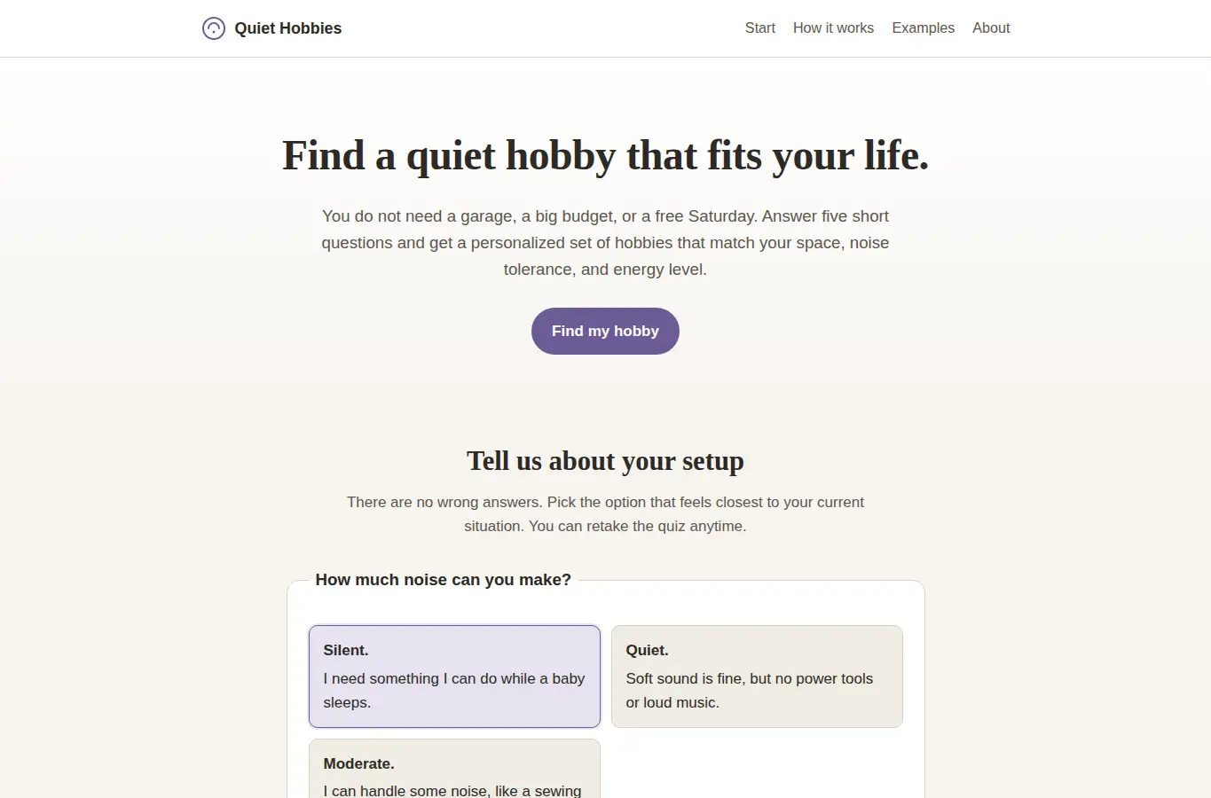 Screenshot of Quiet Hobbies Discovery Engine interface showing the project page in use